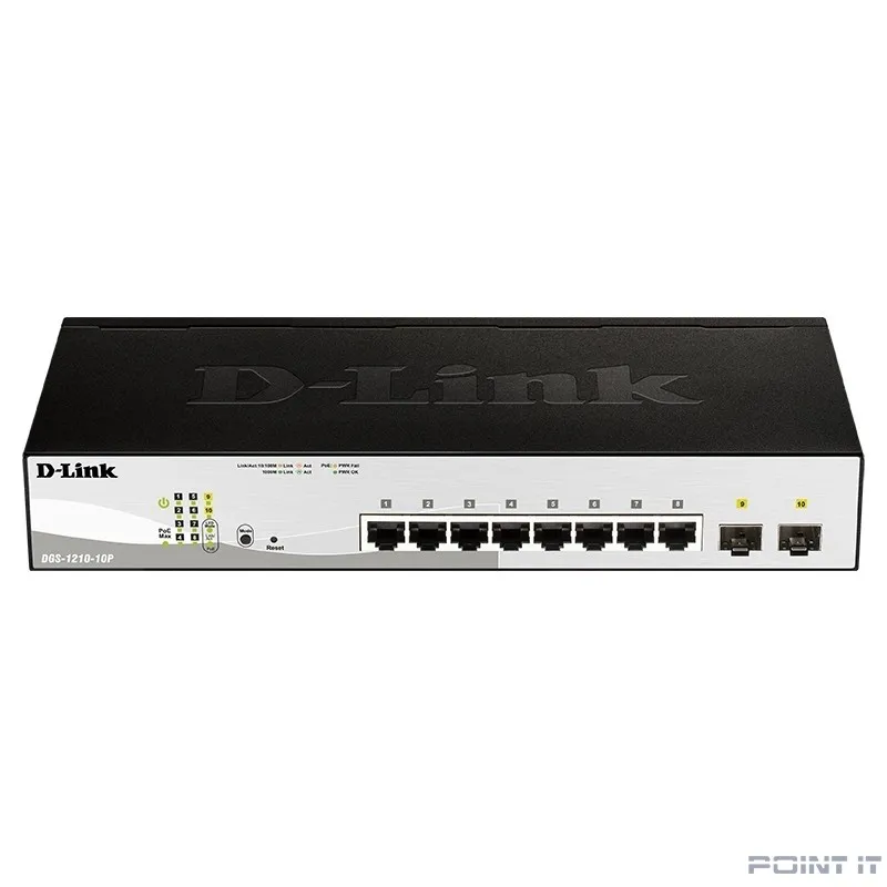 D-Link DGS-1210-10P/FL1A Управляемый L2 коммутатор с 8 портами 10/100/1000Base-T и 2 портами 1000Base-X SFP (8 портов PoE 802.3af/at, PoE бюджет 65 Вт)