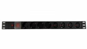 Блок розеток 19&quot;, 10-16A, 8 розеток (4 шт EU + 4 шт C13), без шнура, выключатель, с защитой,  корпус металл, черный