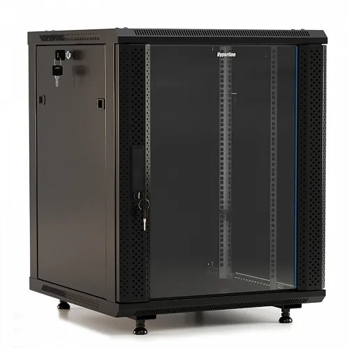 Шкаф настенный 19-дюймовый (19), 15U, 775x600х600мм, стеклянная дверь с перф по бокам, ручка с замком, с возможностью установки на ножки,9004,разобр