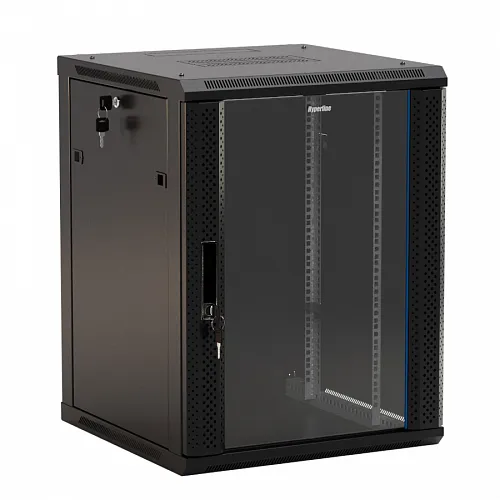 Шкаф настенный 19-дюймовый (19). Размеры: 27U, 1304x600х450мм, стеклянная дверь с перфорацией по бокам, ручка с замком, цвет черный (RAL 9004) разоб