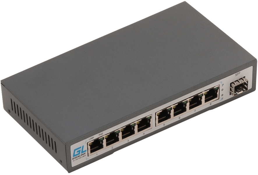 Коммутатор GIGALINK, неуправляемый, 8 PoE (802.3af/at) портов 100Мбит/с, SFP слот 100 Мбит/с, 120Вт