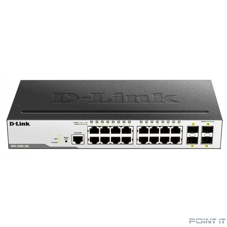 D-Link DGS-3000-20L/B1A Управляемый L2 коммутатор с 16 портами 10/100/1000Base-T и 4 портами 1000Base-X SFP