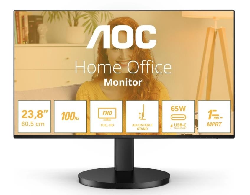 Монитор AOC 23,8" 24B3CF2 Black, 16:9, IPS, 1920x1080, 4ms, 250cd, 100Hz, 1xHDMI, 2xUSB, 1xUSB-C, SPK, HAS