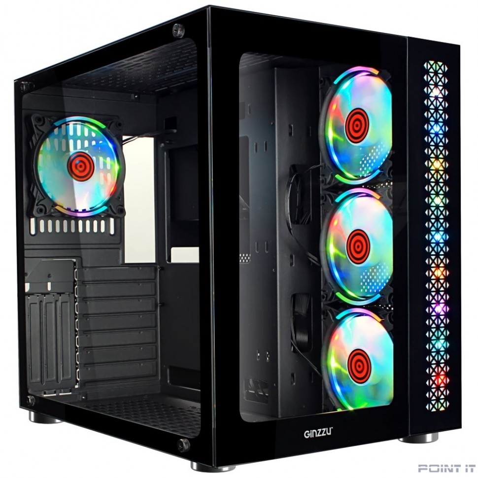 Ginzzu V530 RGB подсветка, контроллер CRC10, 4* 12R6 FAN 12CM RGB закаленное стекло 1*USB 3.0,1*USB 2.0, AU ATX