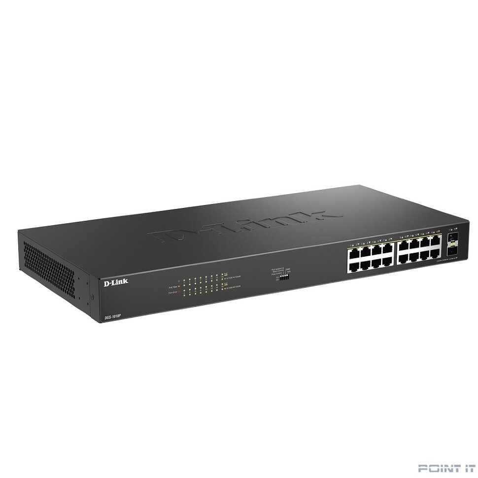 D-Link DGS-1018P/B1A Конфигурируемый коммутатор с 16 портами 10/100/1000Base-T, 2 портами 1000Base-X SFP и DIP-переключателем (16 портов PoE 802.3af/at, PoE-бюджет 240 Вт)