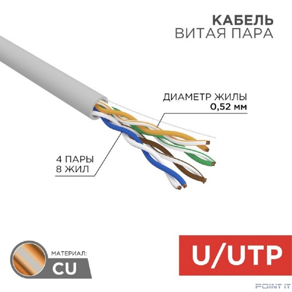 Rexant (02-0022) Кабель витая пара F/UTP, CAT 5e, ZH нг(А)-HF, 2х2х0,52 мм, 24AWG, INDOOR, SOLID, серый, 305 м PRO