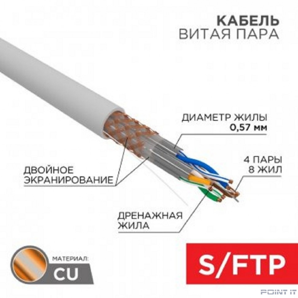 Rexant (02-0325) Кабель витая пара S/FTP, CAT 6A, ZH нг(А)-HF, 4х2х0,575мм, 23AWG, INDOOR, SOLID, серый, 305м PRO