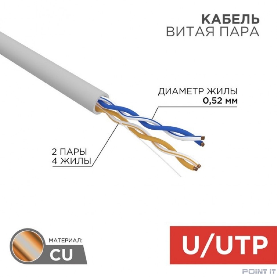 Rexant (02-0002) Кабель витая пара, U/UTP, CAT 5e, ZH нг(А)-HF, 2х2х0,52мм, 24AWG, INDOOR, SOLID, серый, 305м PRO