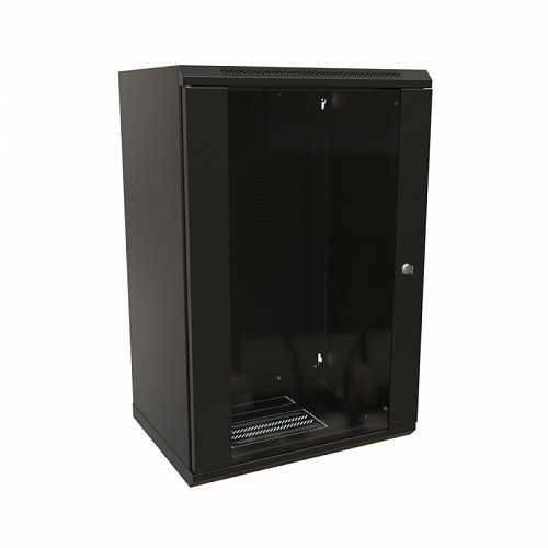 Шкаф настенный 19-дюймовый (19), 18U, 908x600х450мм, стеклянная дверь с перфорацией по бокам, ручка с замком, цвет черный (RAL 9004) (разобранный)