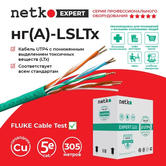 Кабель U/UTP4 cat.5e, 4 пары 24 AWG BC, 305м, нг(А)-LSLTx, зеленый; одножильный, FLUKE TEST, NETKO Expert СКС