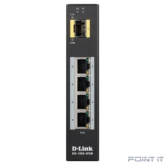D-Link DIS-100G-5PSW/A1A Промышленный неуправляемый коммутатор с 4 портами 10/100/1000Base-T, 1 портом 1000Base-X SFP, функцией энергосбережения и поддержкой QoS (4 порта с поддержкой PoE)