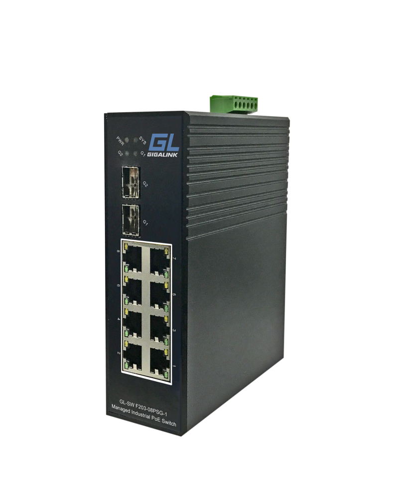 Коммутатор GIGALINK, управляемый L2, индустриальный на DIN рейку, 8 PoE (802.3af/at) портов 100Мбит/с, 2 SFP/1000BaseX, 48В (питание поставляется отдельно 240 ватт)