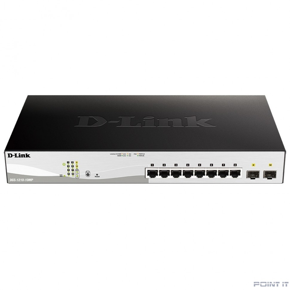D-Link DGS-1210-10MP/F1A PROJ Настраиваемый L2 коммутатор с 8 портами 10/100/1000Base-T и 2 портами 1000Base-X SFP (8 портов PoE 802.3af/at, PoE-бюджет 130 Вт)