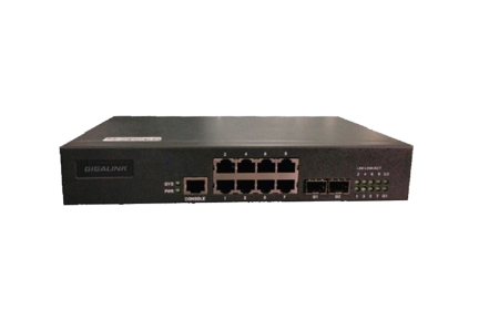 Управляемый коммутатор L2 GIGALINK 8 Base-T 10/100Mb/s портов, 2 SFP 1000Mb/s, 1 Console, 220V