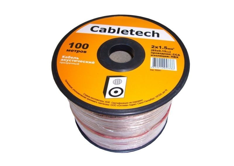 Кабель акустический Cabletech 2*1.5мм2 (85*0.15мм) CCA, 100м, пласт., прозрачный