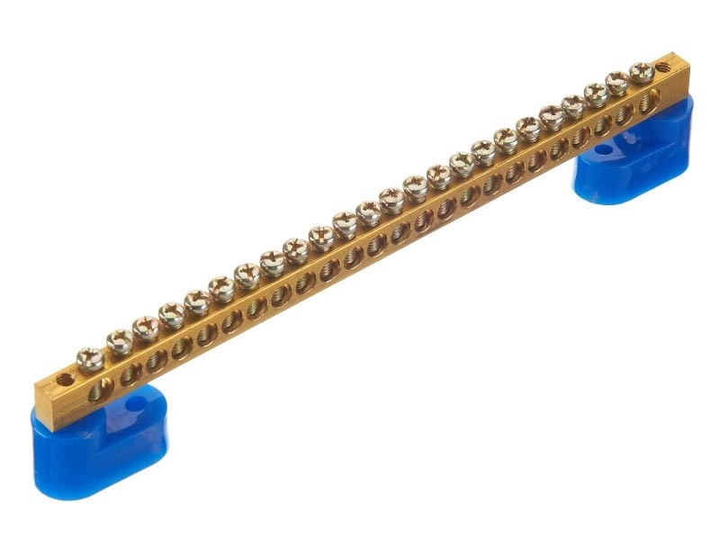 Шина N ноль на 2-х изоляторах, тип Стойка, синий, 6х9мм, 24 группы, латунь
