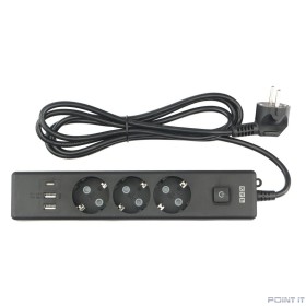 PowerCube Бытовой удлинитель (PC-6B-2M) 3р с/з вык.,3USB, 3500 Вт, 16А, 1.9 м, 3*1,0 (черный) {22310}