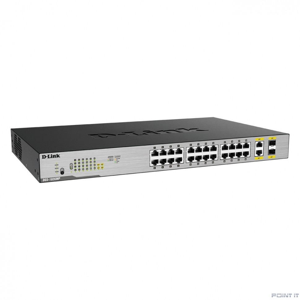 D-Link DGS-1026MP/B2A Неуправляемый коммутатор с 24 портами 10/100/1000Base-T, 2 комбо-портами 100/1000Base-T/SFP (24 порта PoE 802.3af/at, PoE-бюджет 370 Вт)