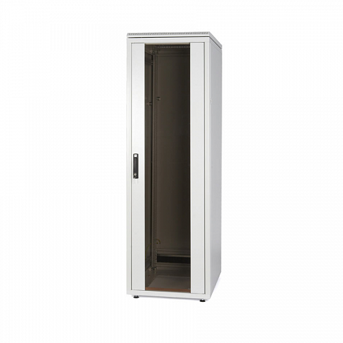 Шкаф напольный 19, SZBD, 28U, 1341x600х600мм (ВхШхГ), стеклянная дверь c металлическими вставками, ручка с замком с трехточечной фиксацией, цвет серы